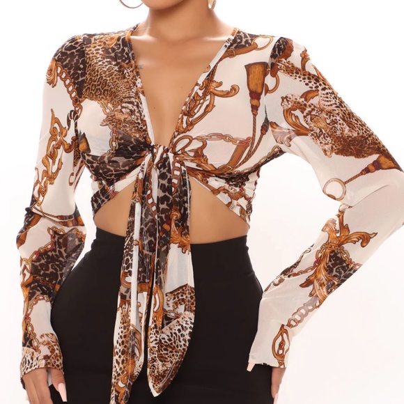 Lumiere Cheetah Print Mesh Top with Tie Front, White Mesh Top, Cheetah Crop Top - Picture 7 of 8